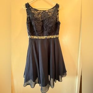 Blue formal dress lace top jeweled waist size L